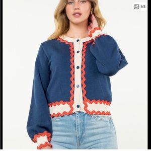 THML Navy and Cream Cardigan with Red Accents